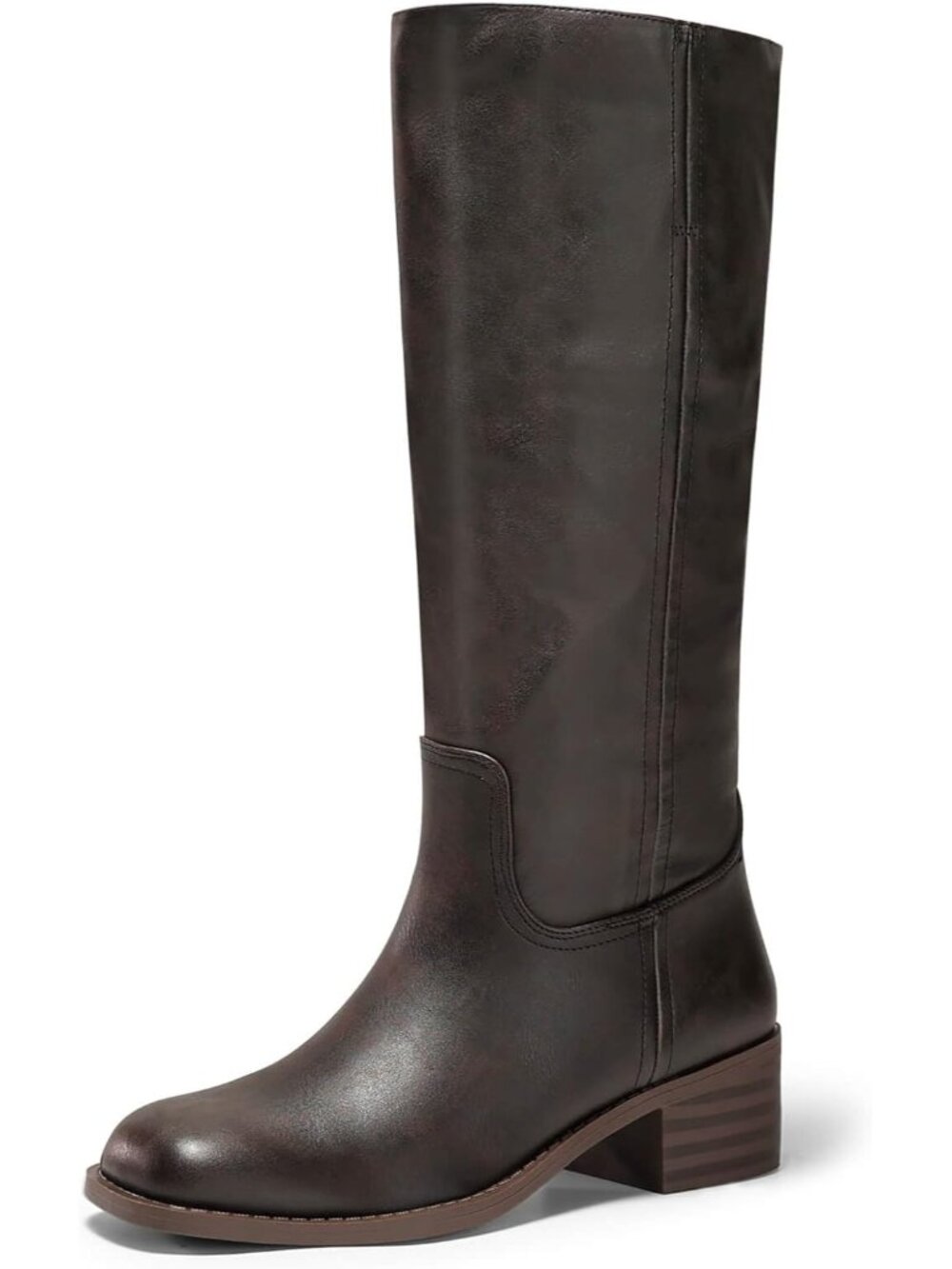 Women Blackish Brown Square Toe Chunky Low Block Heel Comfortable Knee High Boot